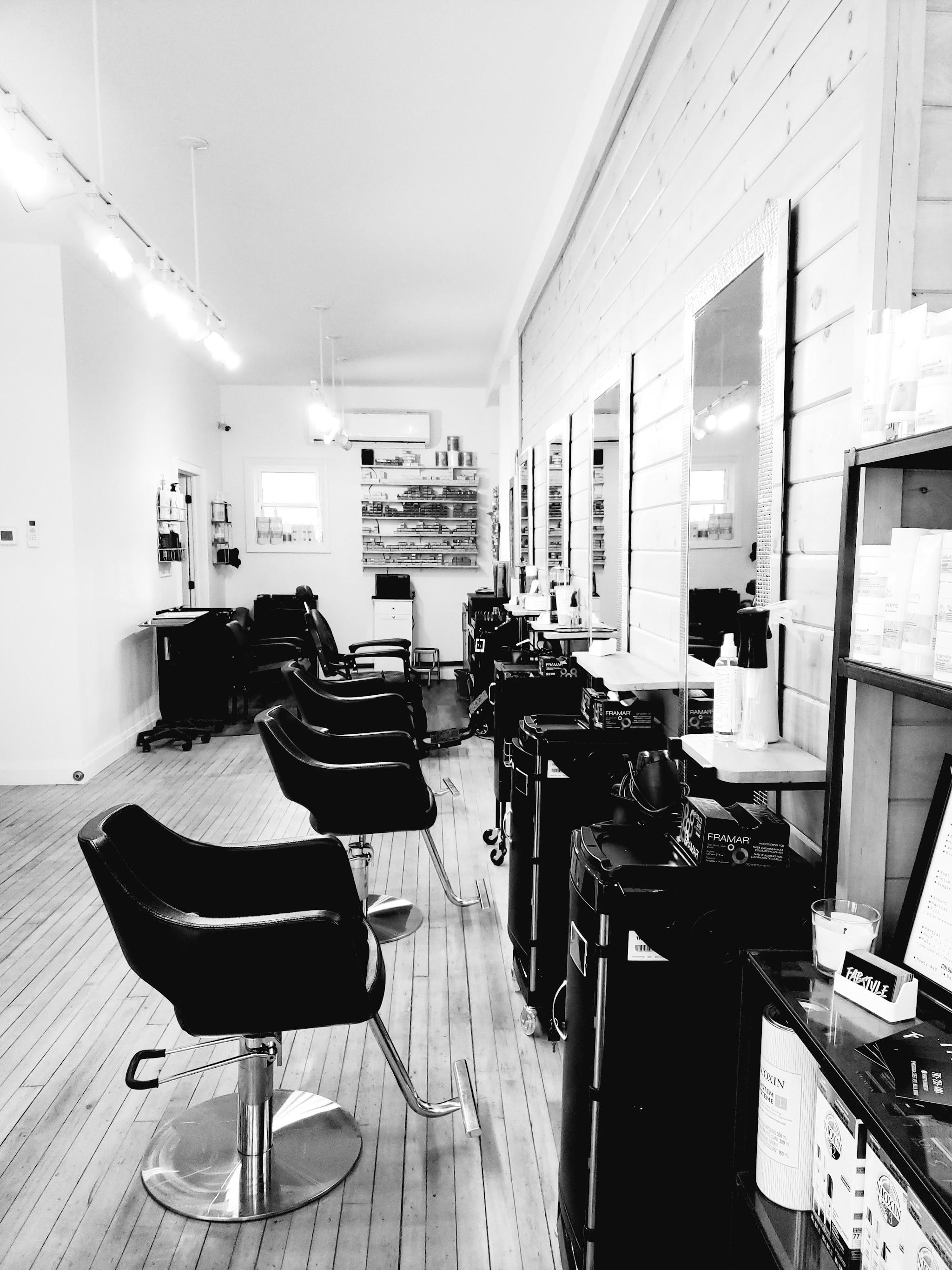 Interior of Fabstyle hair salon showing a clean, modern styling floor in Orillia